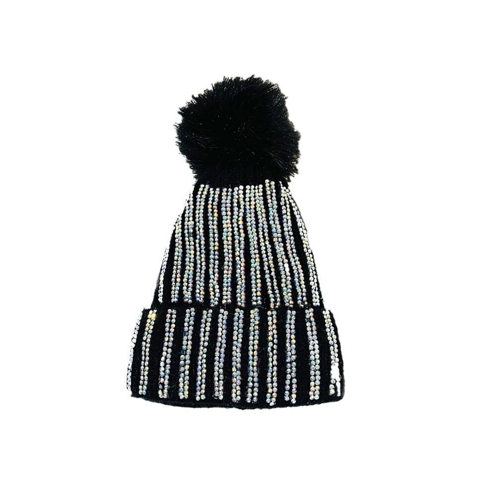 1311 Knitted Beanie Hat with Faux Fur Pompom, Winter Soft Warm Bling